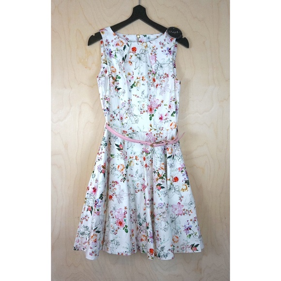 NWT Closet London White Floral Skater Dress with Belt - Picture 5 of 9